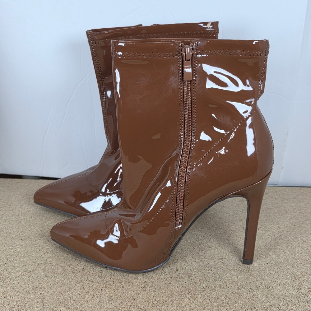 torrid Glossy Pointed-Toe Patent Ankle Booties in Brown